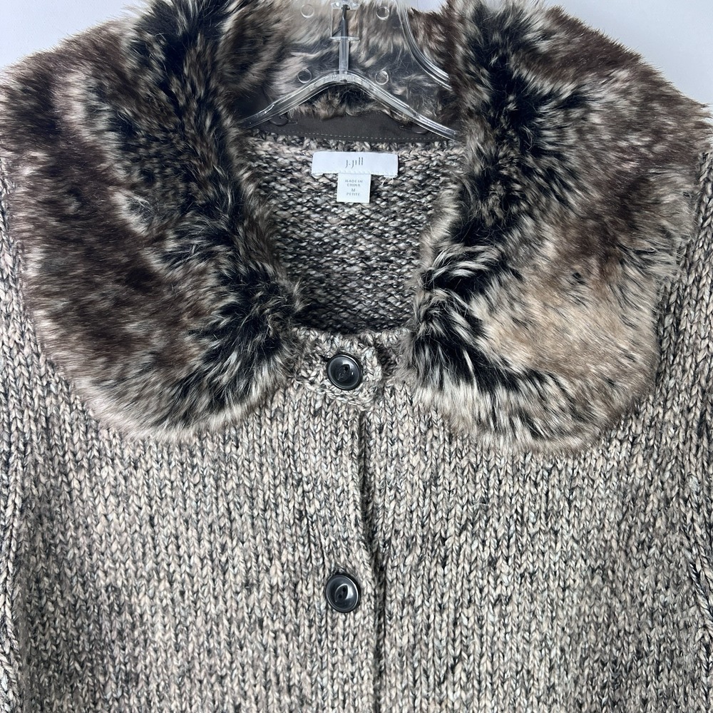 J JILL Chunky Soft Cozy Oversized Long Fur Collar Sweater Cardigan MEDIUM Petite - Picture 4 of 12